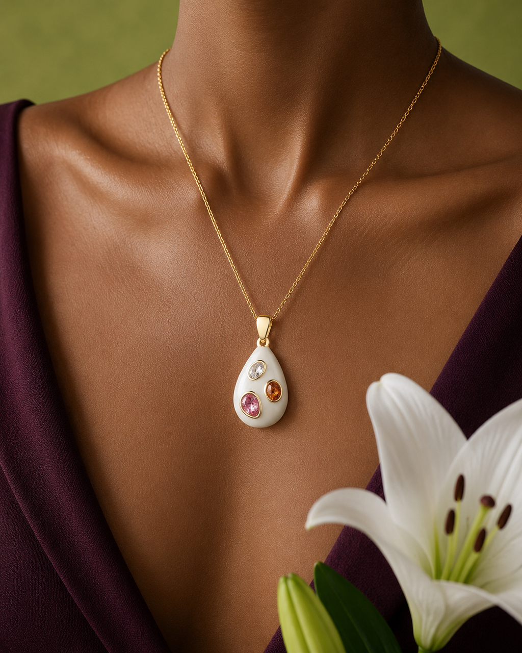Gemstone Enamel Pendant Necklace