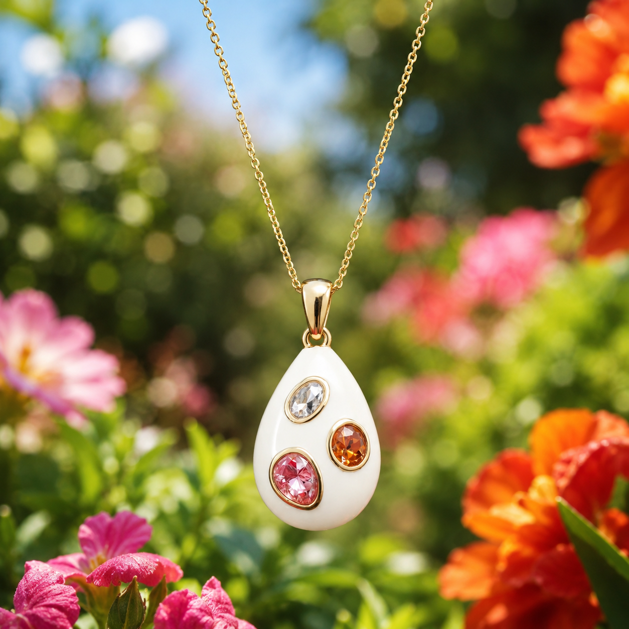 Gemstone Enamel Pendant Necklace