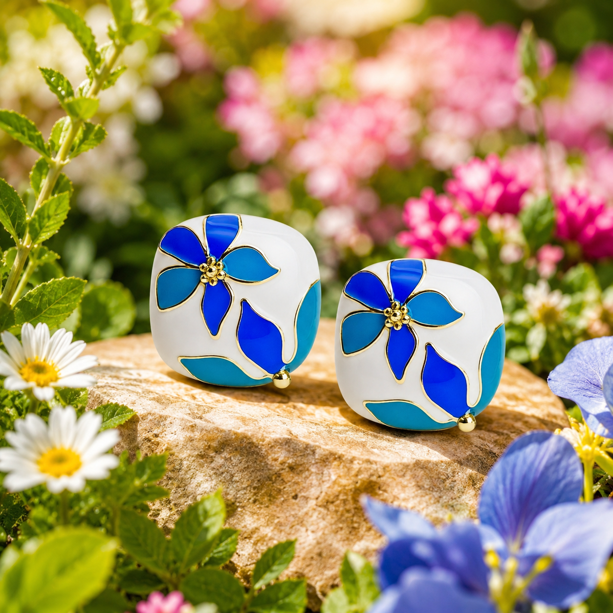 Blue Floral Enamel Stud