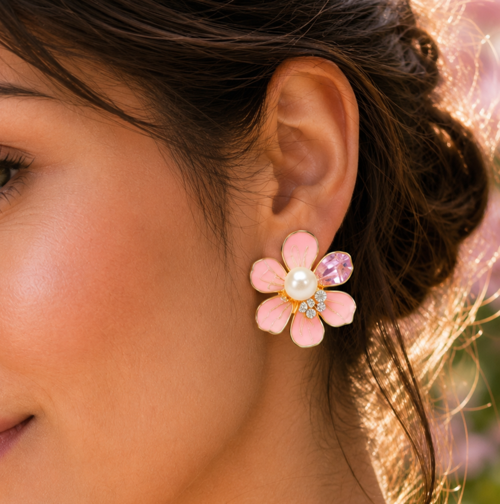 Pink Floral Pearl Stud