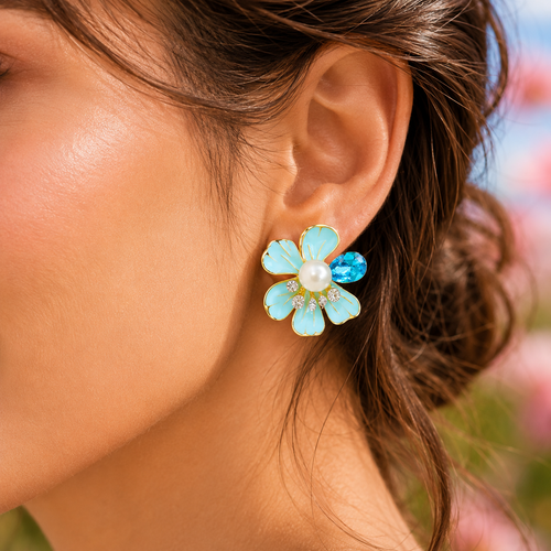 Blue Floral Pearl Stud