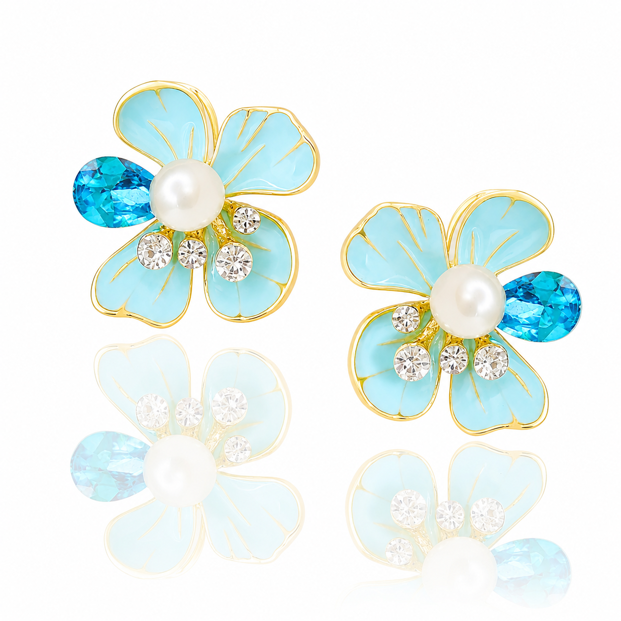 Blue Floral Pearl Stud