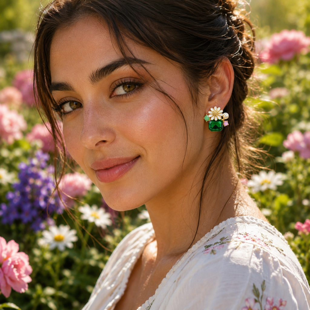 Green Floral Stud