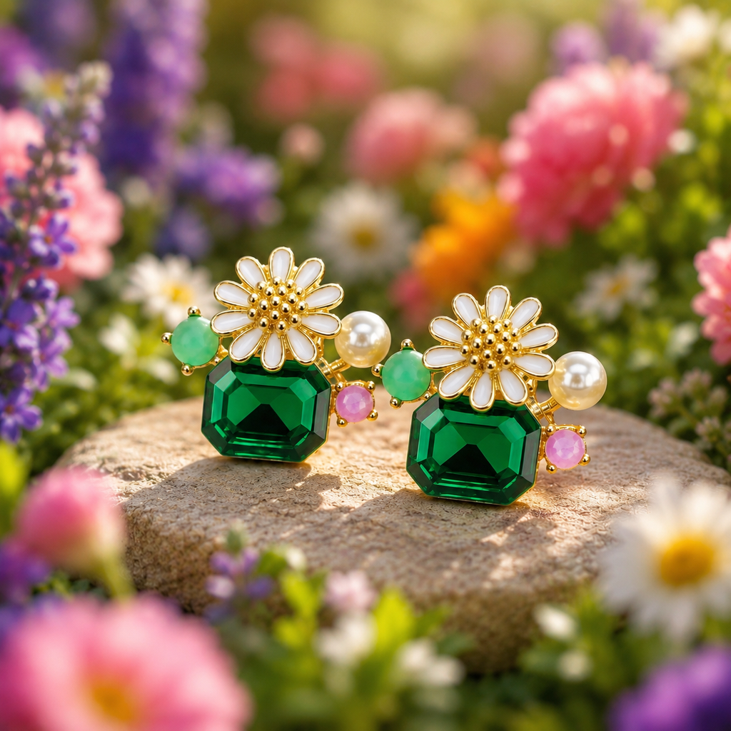 Green Floral Stud